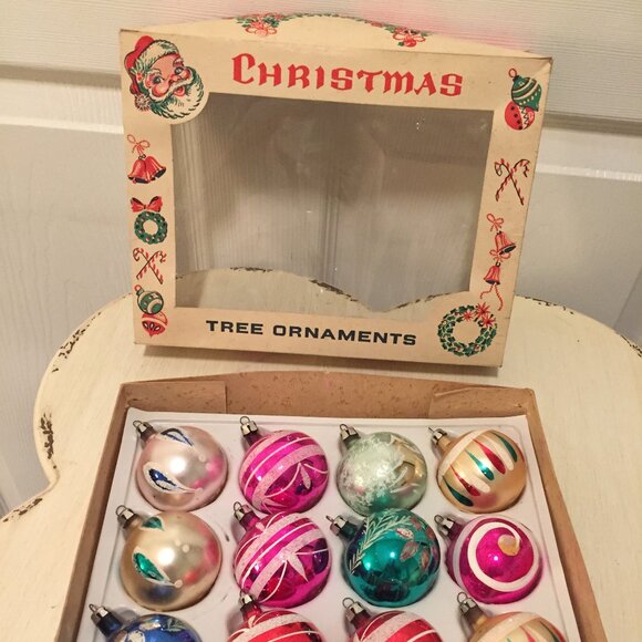Vintage Lot Of 12 Christmas Tree Mercury Glass Ornaments In Box Made In POLAND - Picture 1 of 16
